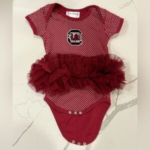 Garnet Polka Dot Baby One Piece with Ruffles with USC Gamecock Logo 18 months
